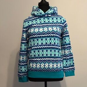 LANDS’ END Cozy Teal & Navy Patterned Fleece Hoodie Size: L Brand New